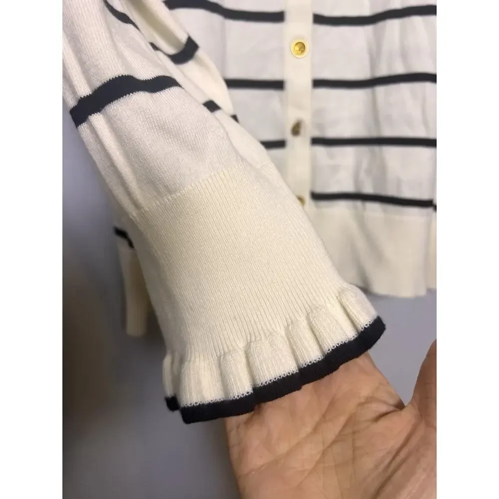 Talbots Womens Cardigan Plus Sz 2X White Black Colorblock Ruffle Sleeve